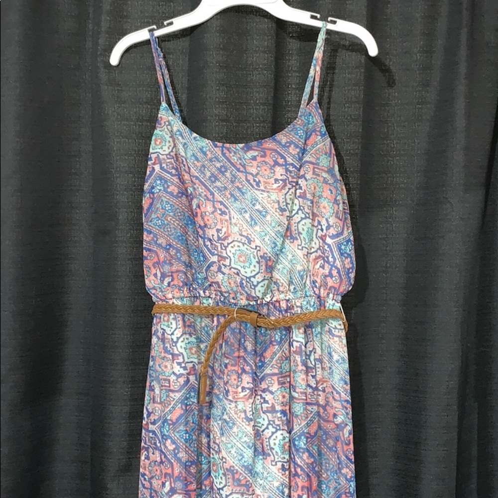 Multi-colored Maxi Dress with Brown Braided Belt